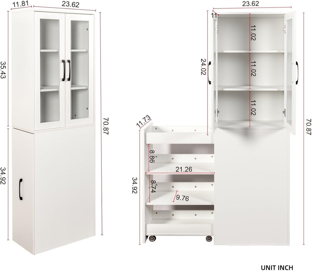 KEIKI 70.87" H Kitchen Pantry Storage Cabinet with Pull-Out Shelf, Glass Doors, Tall Modern Wooden Display Cabinet, Bookshelf, Bookcase, Food Pantries for Dining Room, Living Room Home Office, White