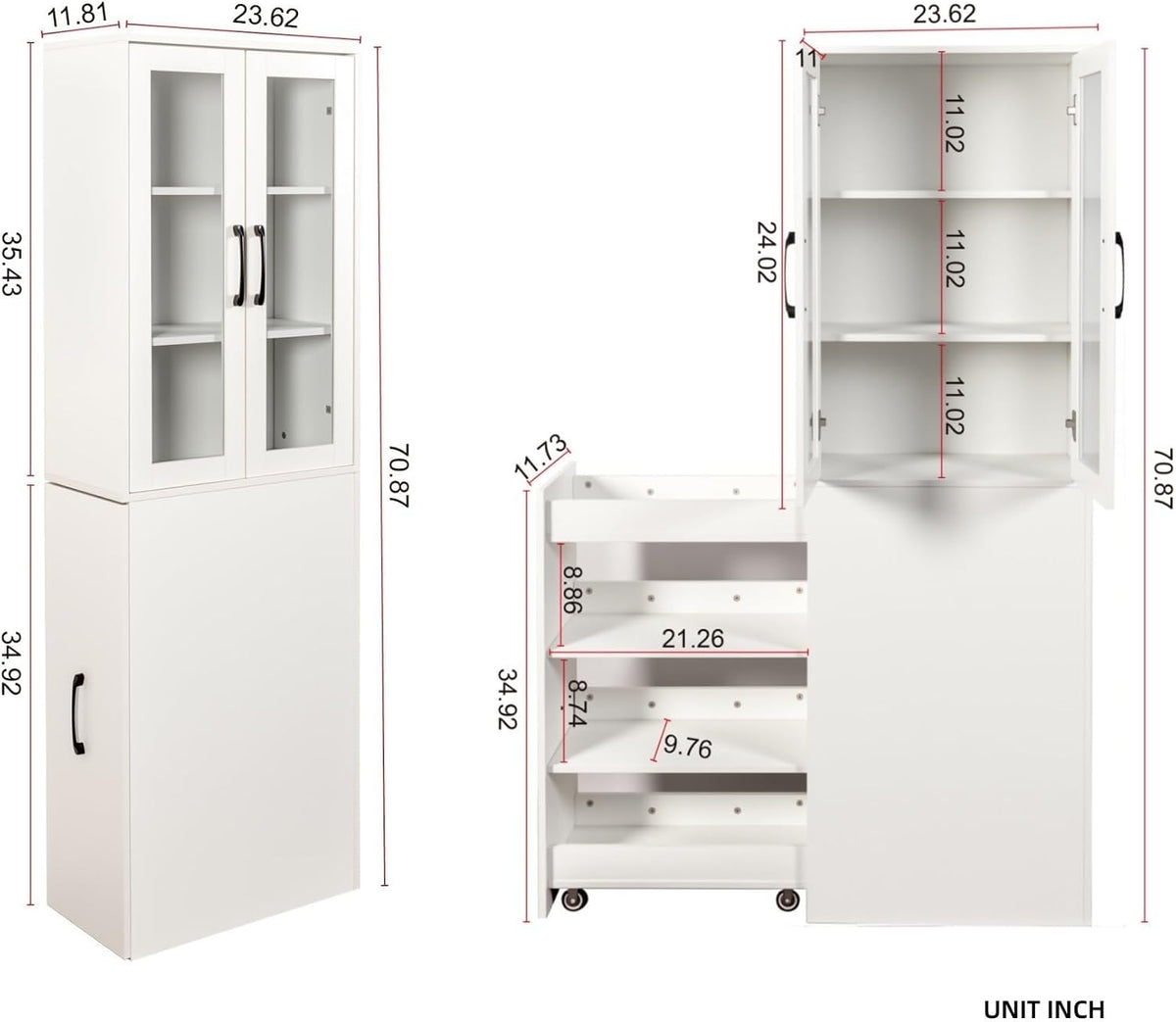 KEIKI 70.87" H Kitchen Pantry Storage Cabinet with Pull-Out Shelf, Glass Doors, Tall Modern Wooden Display Cabinet, Bookshelf, Bookcase, Food Pantries for Dining Room, Living Room Home Office, White