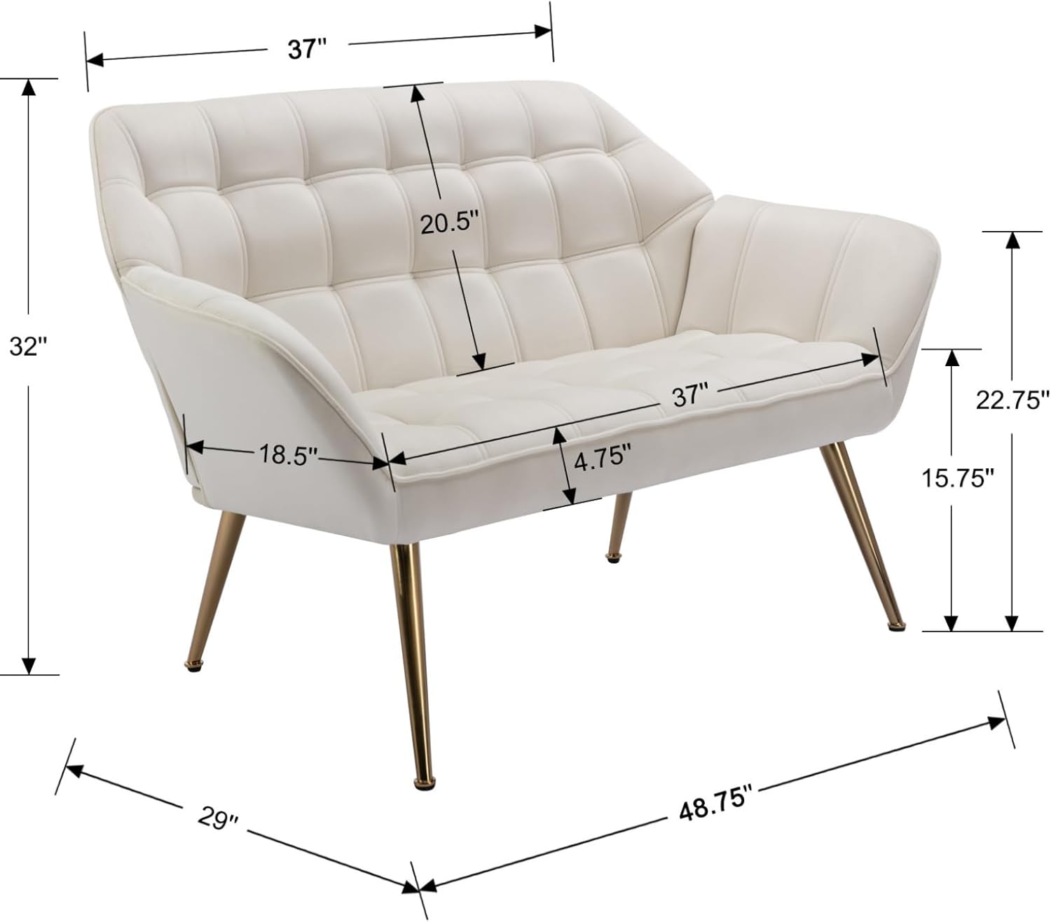 48”Small Loveseat Sofa, Modern Velvet Upholstered Mini Couch 2-Seater Fluffy Love Seat with Quilting Backs and Metal Legs for Small Space Living Room, Bedroom, Beige