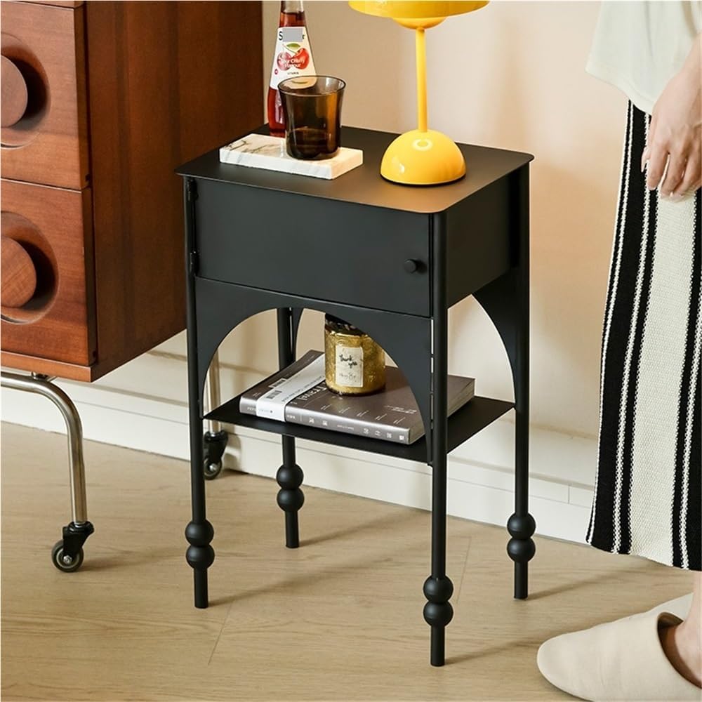 Black Side Table with Drawer, Wrought Iron Nightstand, 2-Tier End Table, Narrow Cabinet for Bedroom，Living Room, Office