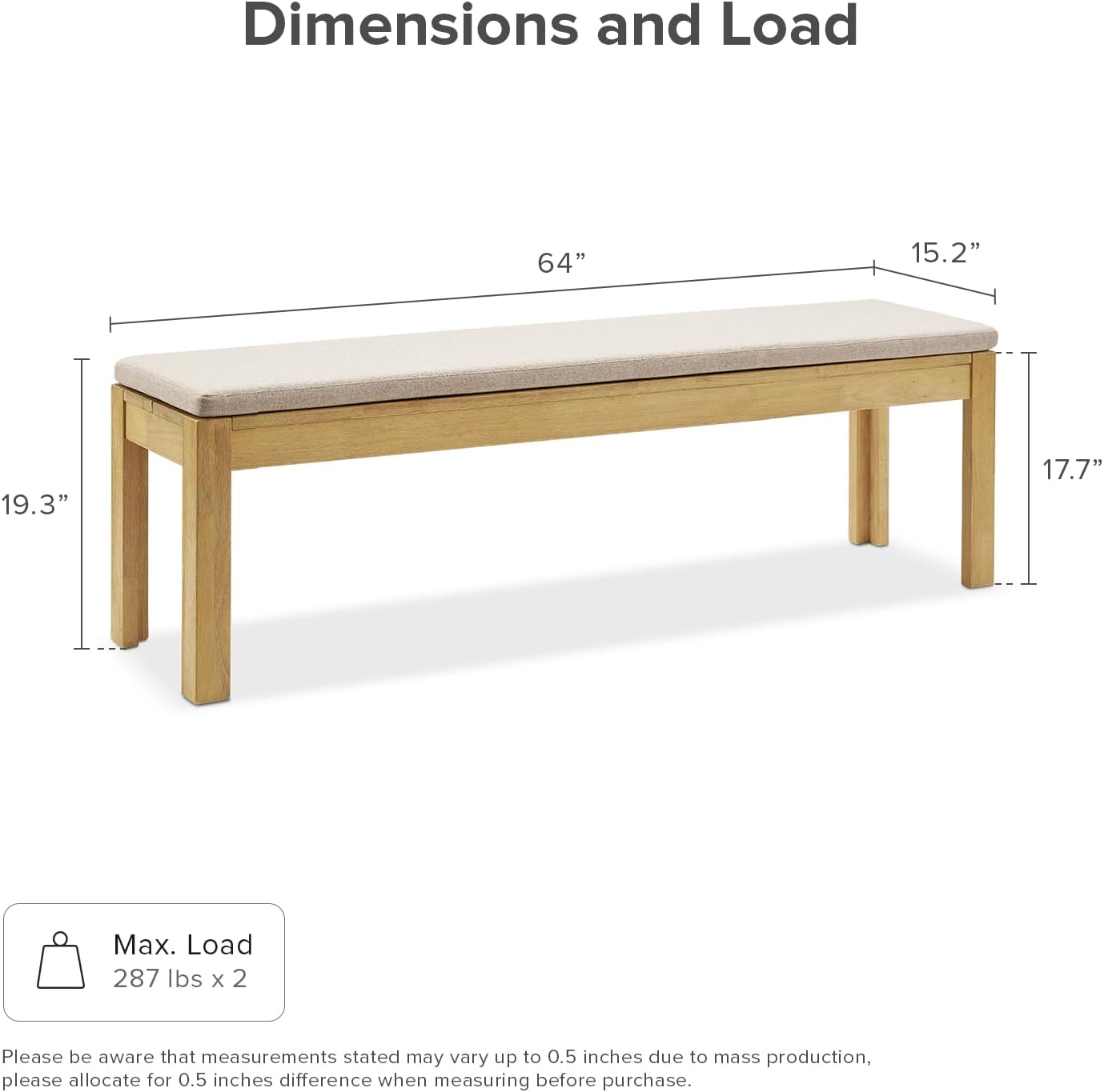 mopio Logan Upholstered Beige Dining Bench, Modern Farmhouse Solid Wood with Light Wire Brush for Dining Room and Kitchen (64" Dining Bench)