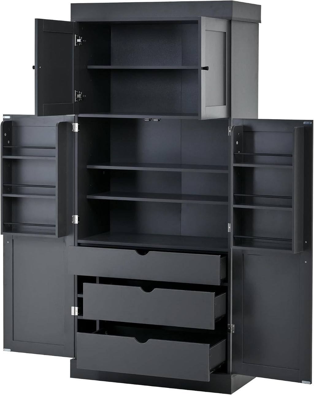77" Tall Kitchen Pantry Cabinet with 3 Drawers, Large Wooden Kitchen Organizers Storage Cabinet with 6 Door Shelves, Adjustable Shelves and Wine Racks for Dining Room, Dark Gray