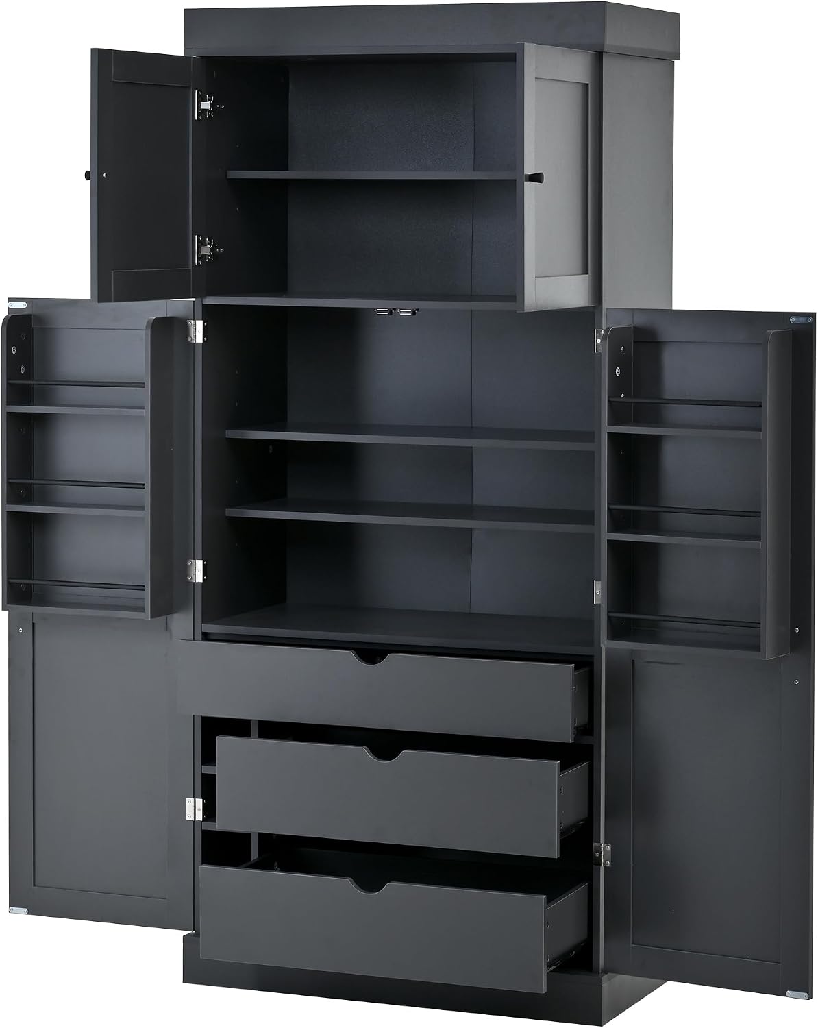 Tall Kitchen Pantry Cabinet with Adjustable Shelves, Modern Freestanding Cupboard with Door Shelves, Drawers and Wine Racks for Dining Room (Grey)