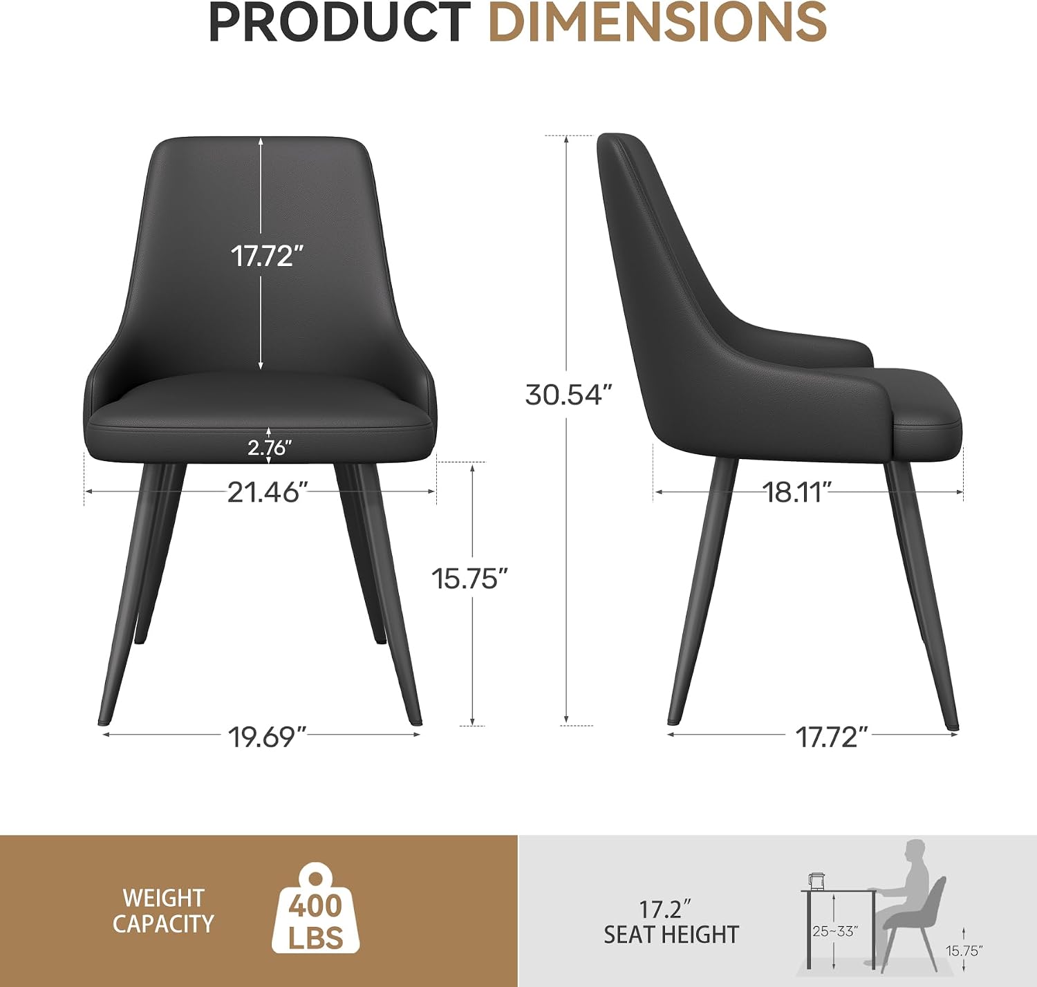 Faux Leather Chairs Set of 4, Waterproof Padded Seat,Black | Modern Dining Chair, Metal Legs, Ergonomic Wide Backrest, Stain Resistant, Easy 10-Min Assembly, Kitchen Living Room
