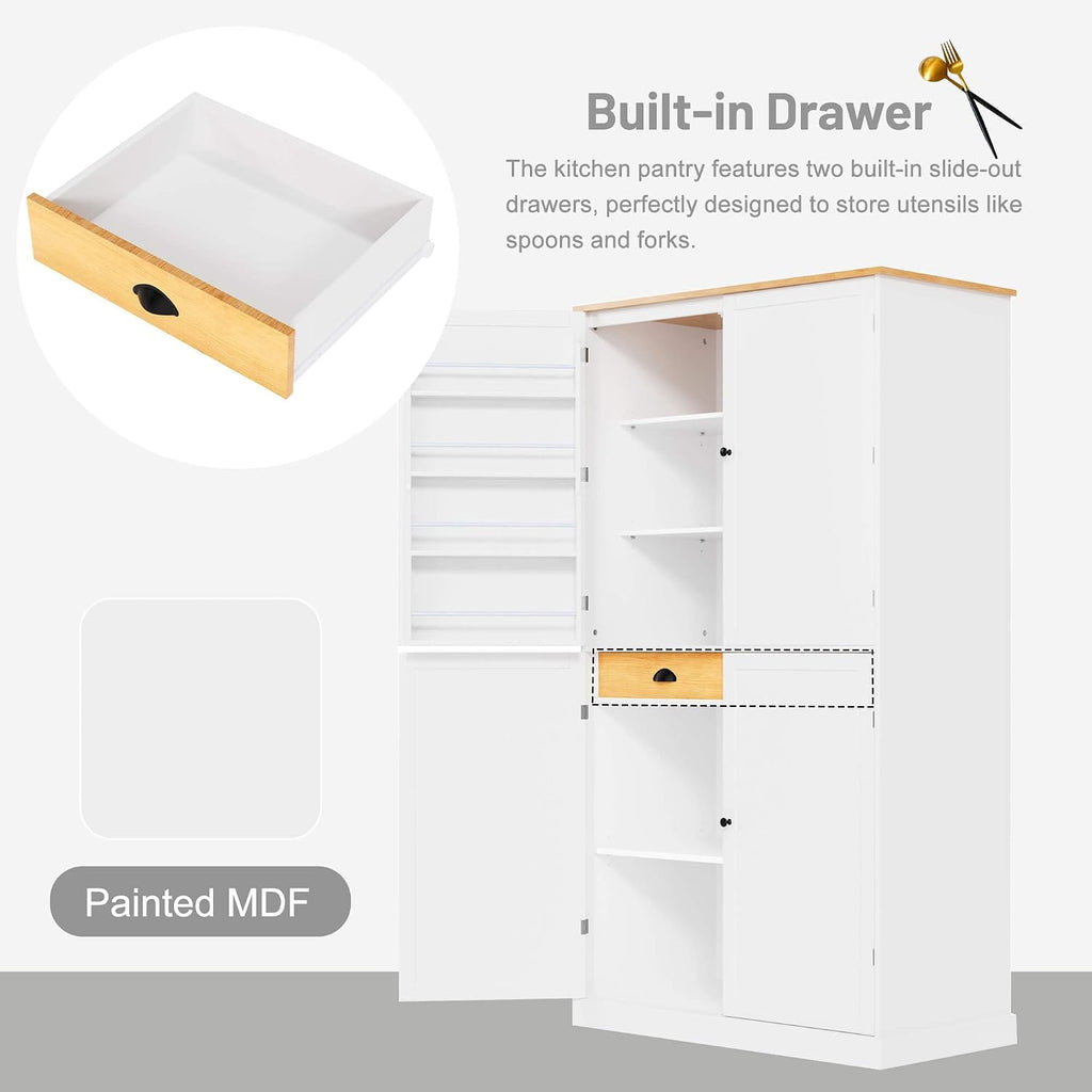 Litex 40.2" Wide Kitchen Pantry Cabinet, 71.3" Tall Freestanding Storage Cabinet with 2 Drawers, Adjustable Shelves & 8 Door Shelves, Large Farmhouse Kitchen Cupboard for Kitchen Dining Room (White)