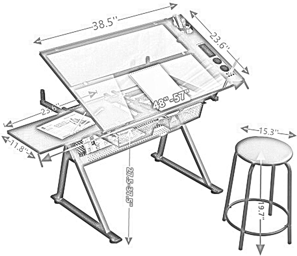 Drafting Table w/Stool, Height Adjustable Drawing Table, Multifunctional Art Craft Paintings Work Station w/2 Storage Drawers Artists Desk Tilting Glass Tabletop for Home Office Black (White)