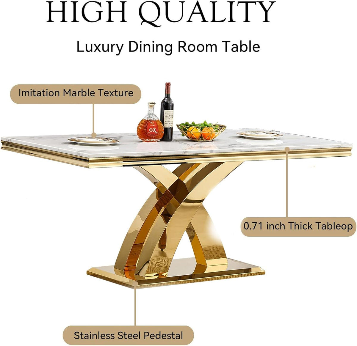 Luxury 7 Piece Dining Set, Modern 68.11" Faux Marble Dining Table with 6 Beige Velvet Dining Chairs, White Kitchen Table Set with Gold Stainless Steel Base, Rectangle Dining Room Table and Chairs Set