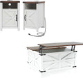 Farmhouse Coffee Table Set of 3, Lift Top Coffee Table with Sliding Barn Doors and End Tables Set of 2 with Charging Station, Living Room Table Set for Home Office, White