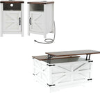 Farmhouse Coffee Table Set of 3, Lift Top Coffee Table with Sliding Barn Doors and End Tables Set of 2 with Charging Station, Living Room Table Set for Home Office, White