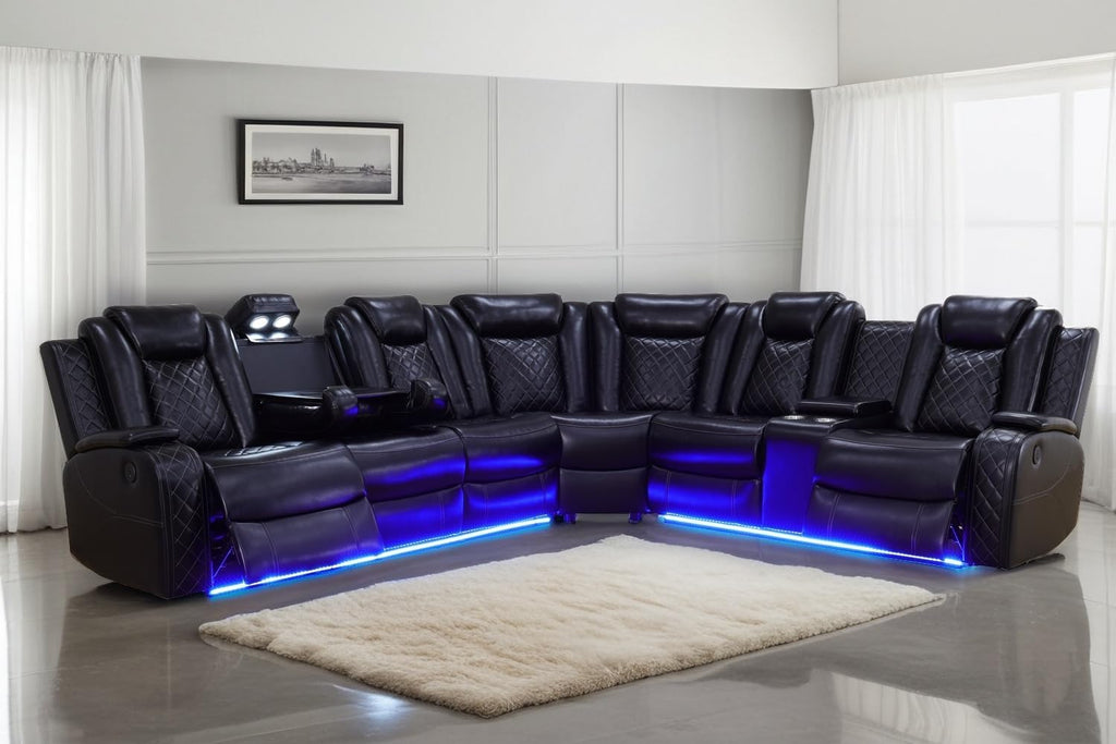 A Ainehome Power Recliner Sectional Sofa Set with LED Light, Leather Reclining Sectional Couches Corner Sectional Sofa Set with 2 Recliner Seats for Living Room with Cup Holder, Storage Console, Black