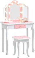 Kids Vanity with Lights, Princess Girls Vanity Set with 3-Color LED Lighted, 2 in 1 Wooden Toddler Vanity Table & Chair Set Mirror and Stool for Little Girls