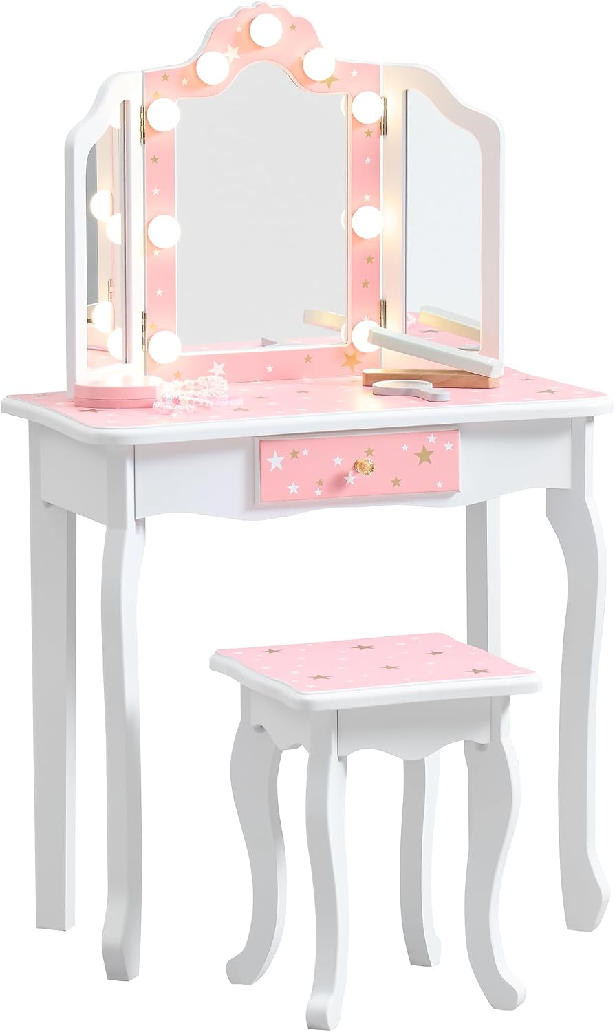 Kids Vanity with Lights, Princess Girls Vanity Set with 3-Color LED Lighted, 2 in 1 Wooden Toddler Vanity Table & Chair Set Mirror and Stool for Little Girls