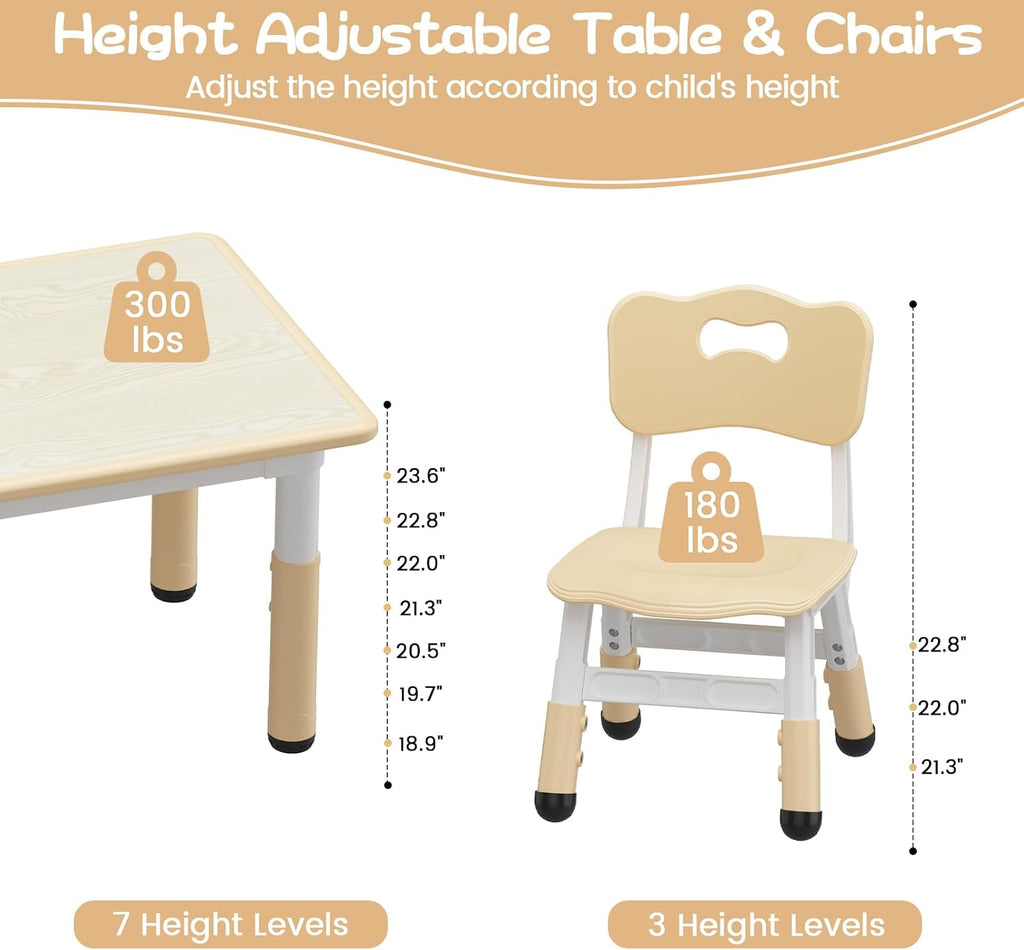 Kids Table and Chair Set - Height Adjustable Toddler Table and Chair Set with 6 Seats Non-Slip Legs,Children Multi-Activity Table for Ages 2-8 Graffiti Desktop,Family Learning Daily Use