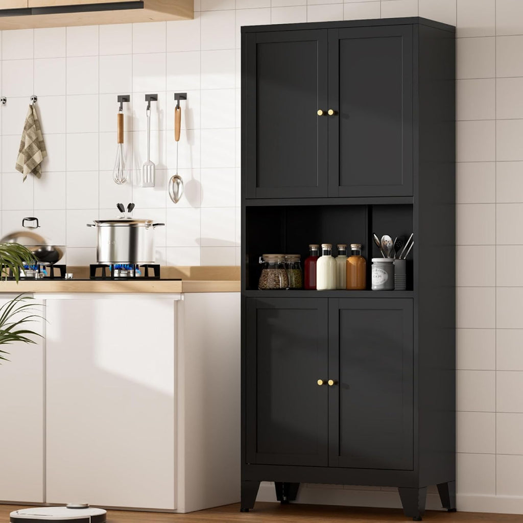 Metal Kitchen Pantry Cabinet, 69" Tall Black Storage Cabinet with 4 Doors and 3 Adjustable Shelves, Freestanding Cupboards with Microwave Stand for Dining Room, Living Room, Bathroom