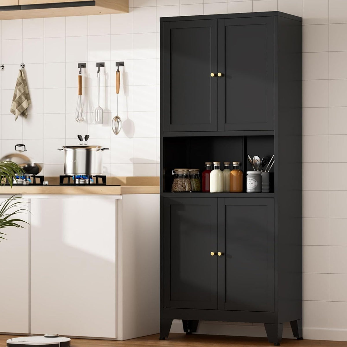 Metal Kitchen Pantry Cabinet, 69" Tall Black Storage Cabinet with 4 Doors and 3 Adjustable Shelves, Freestanding Cupboards with Microwave Stand for Dining Room, Living Room, Bathroom