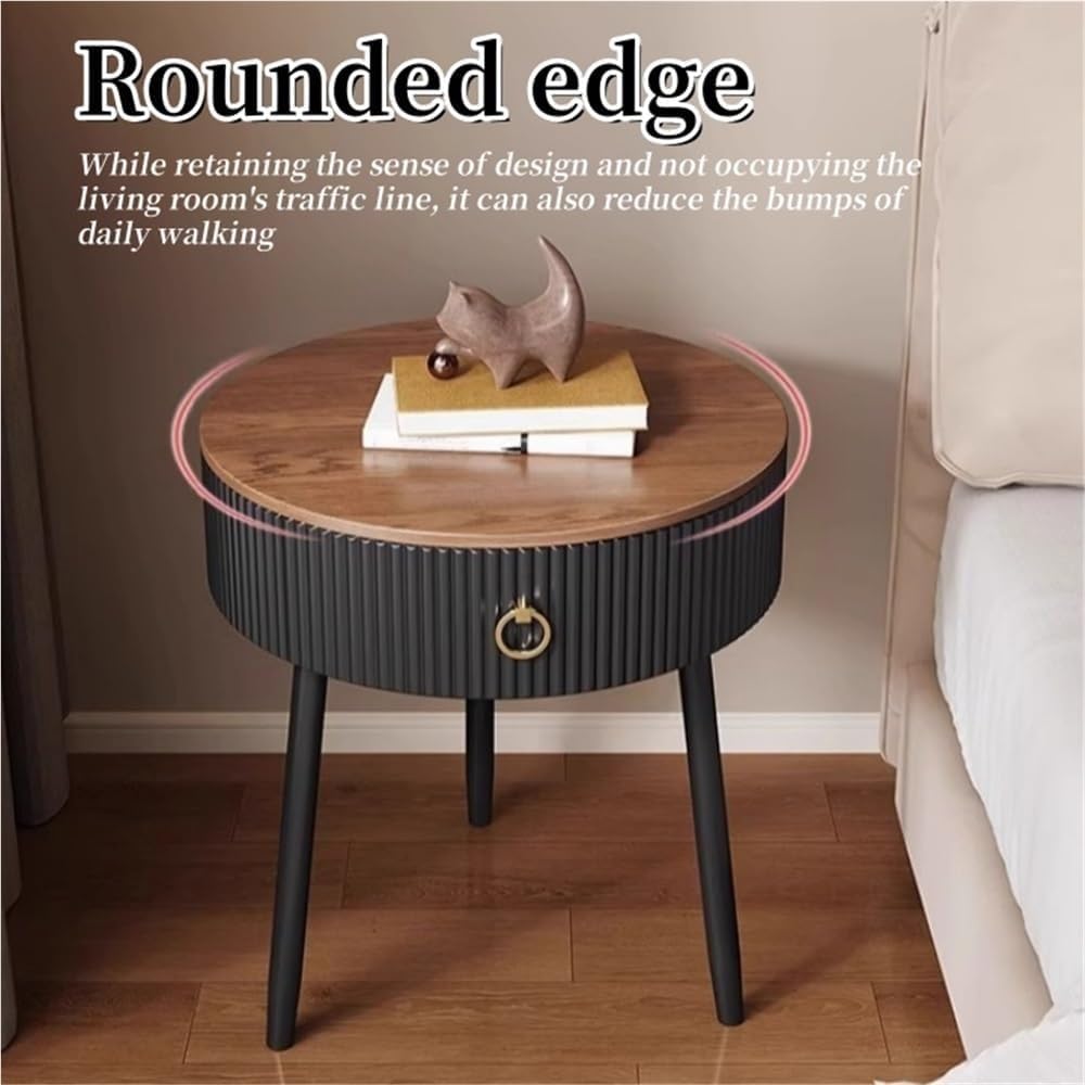 Modern Round End Table with Drawer Wood Double Storage Nightstand Side Table for Living Room Multi Scenario Use(Black,50cm)