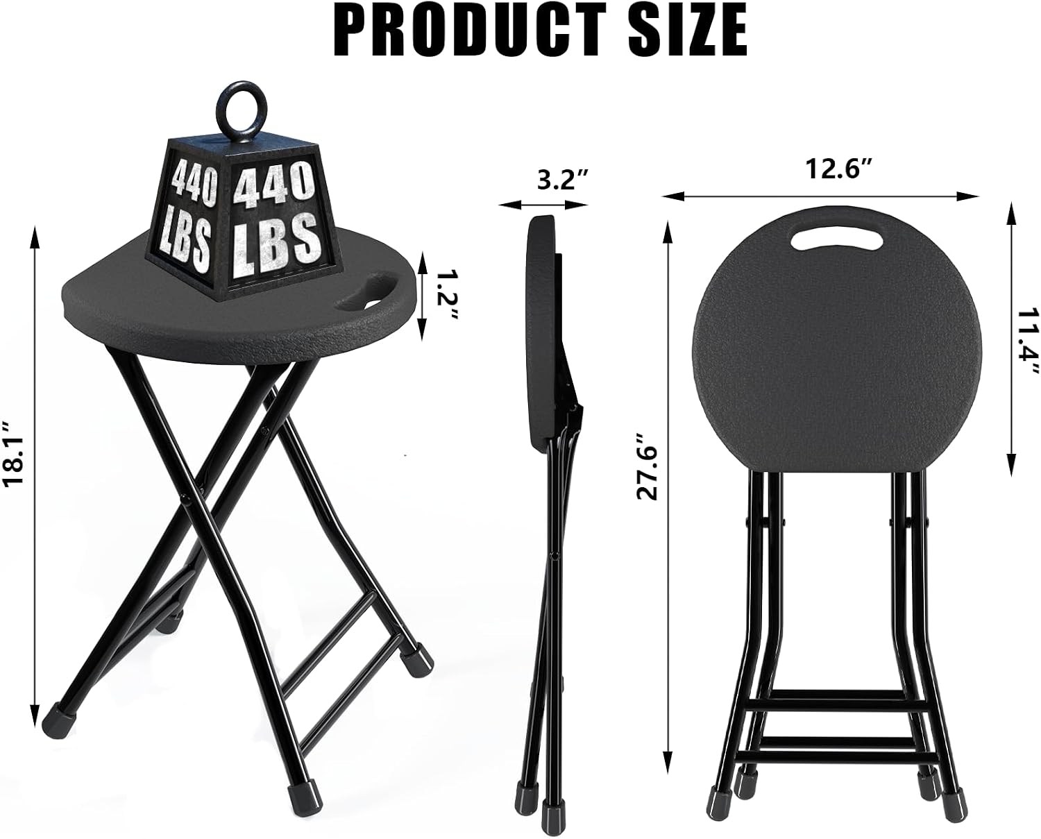Folding Stool, 18 Inch Foldable Stool with Handle & Steel Frame, Pack of 2 Folding Bar Stools, 440lbs Sturdy Foldable Lightweight Metal Chair for Camping, Indoor and Outdoor, Black