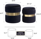 Round Velvet Storage Ottoman with Removable Lid Set of 2, Upholstered Footrest Stool with Gold Metal Hoop, Side Table Seat for Living Room, Makeup Vanity Stool for Bedroom (Pleated-Black)