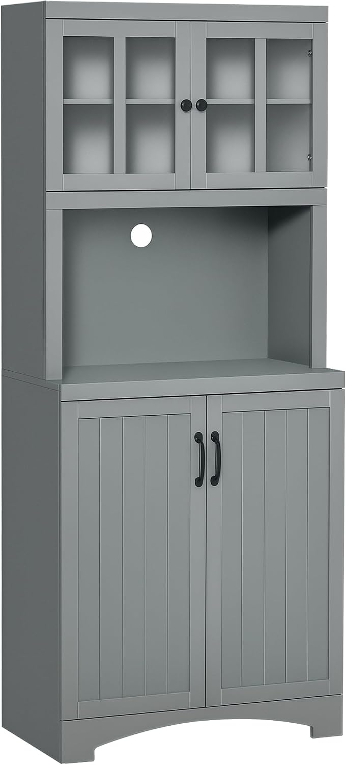 HOMCOM Kitchen Hutch 70" Pantry Cabinet Glass Framed Door Dining Room Gray | Storage Cabinet, Adjustable Shelves, Microwave Space