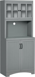 HOMCOM Kitchen Hutch 70" Pantry Cabinet Glass Framed Door Dining Room Gray | Storage Cabinet, Adjustable Shelves, Microwave Space