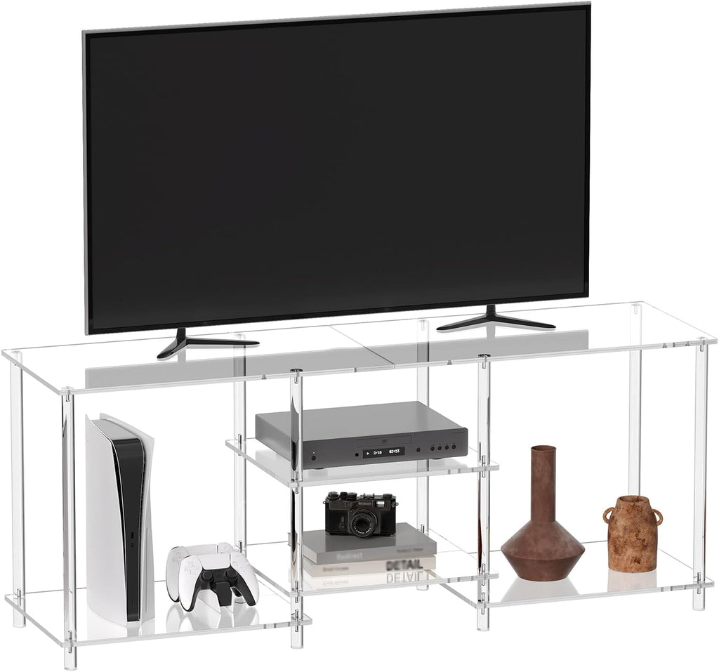 Eglaf Acrylic 55 Inch TV Stand, 3-Tier Entertainment Center, Up to 60 Inch | Clear TV Console Table with Open Storage Shelves, for Living Room, Bedroom, 55.1'' L x 15.7'' W x 22.4'' H