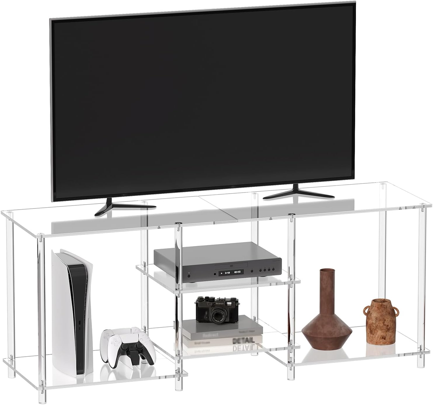 Eglaf Acrylic 55 Inch TV Stand, 3-Tier Entertainment Center, Up to 60 Inch | Clear TV Console Table with Open Storage Shelves, for Living Room, Bedroom, 55.1'' L x 15.7'' W x 22.4'' H
