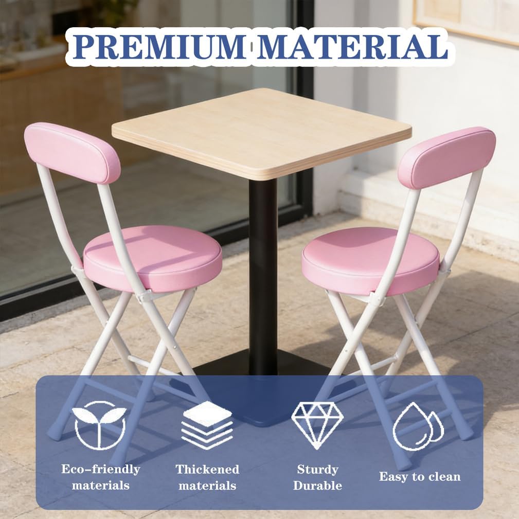 Folding Stool with Back, Padded Leather Round Foldable Stool, Foldable Bar Chairs, Round Portable Collapsible Stool for Gardening Kitchen Camping Cafe Indoor Outdoor,Pink