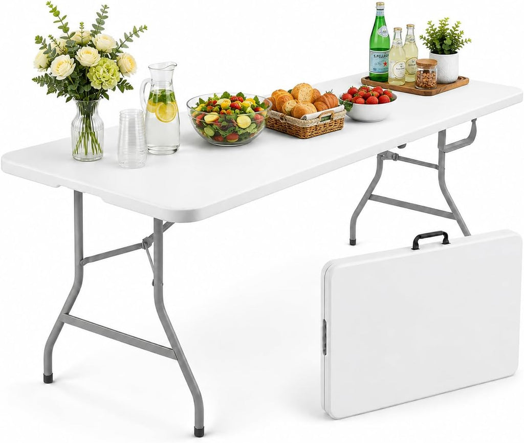 6FT Folding Table, Portable Fold-in-Half Plastic Utility Table with Carrying Handle, Heavy Duty Indoor Outdoor Dining Picnic Camping Party Table, Waterproof & Scratch Resistant, White