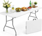 6FT Folding Table, Portable Fold-in-Half Plastic Utility Table with Carrying Handle, Heavy Duty Indoor Outdoor Dining Picnic Camping Party Table, Waterproof & Scratch Resistant, White