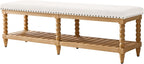 HULALA HOME Entryway Bench with Soild Wood Shelf, 58" Upholstered Shoe Storage Bench with Spindle Legs, Nailhead Trim Detail for Bedroom, Living Room, Hallway, Ivory