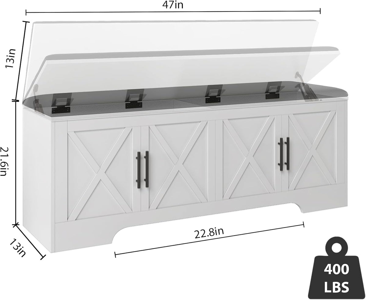 DreamDashio Storage Bench with Cushion, 47.2" End of Bed Storage Bench with Lift Top, Window Bench Seat with Storage for Bedroom, Mudroom, Entryway, Living Room & Hallway, White