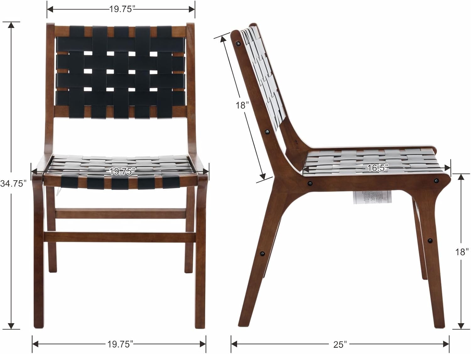 Woven Leather Dining Chairs Set of 2, Mid Century Modern Solid Wood Dining Room Chairs with Handwoven Leather Strap Seat, Armless Kitchen Side Chairs for Dining Room, Restaurant, Black