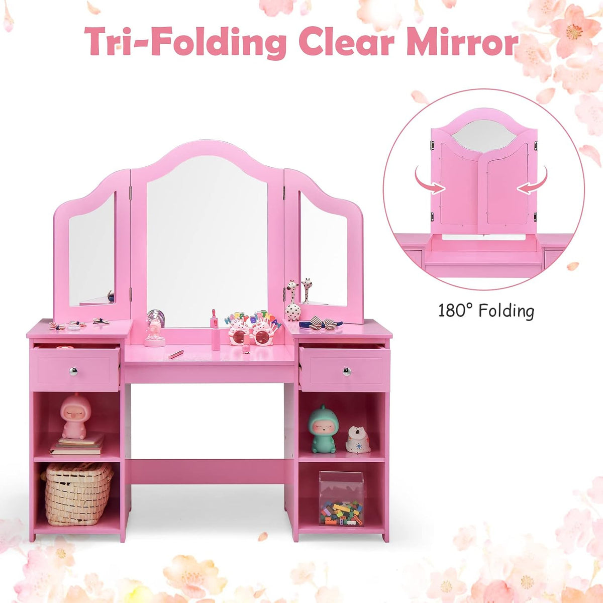 INFANS Kids Vanity, 2 in 1 Princess Makeup Desk and Chair Set with Drawers Tri-Folding Detachable Mirror Large Storage Shelves, Wooden Dressing Table, Pretend Play Vanity Set for Toddler Girls