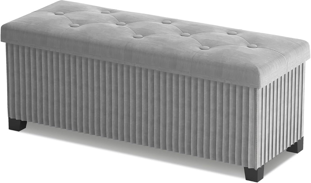 LITZFUR 43 Inches Storage Ottoman Bench, Velvet Foot Rest Stool, Grey | Folding Ottoman with Legs, End of Bed Bench, Storage Chest for Living Room, Bedroom