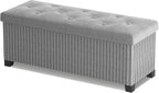 LITZFUR 43 Inches Storage Ottoman Bench, Velvet Foot Rest Stool, Grey | Folding Ottoman with Legs, End of Bed Bench, Storage Chest for Living Room, Bedroom