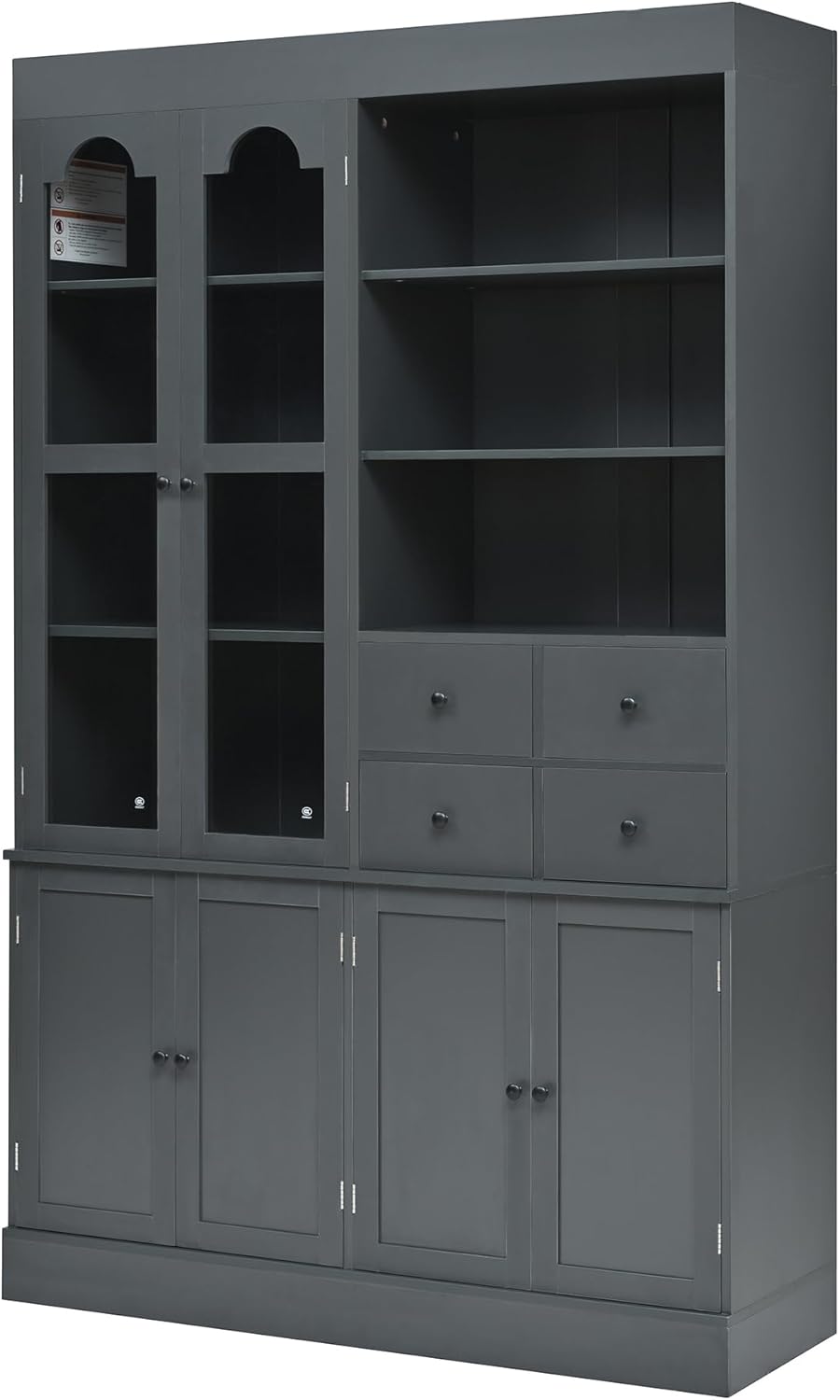 Freestanding Kitchen Pantry Cabinet with Drawers, Shelves, Gray | Freestanding tall buffet with 4 drawers, door shelves, pull-out trays, 47.2x15.7x75 inches, gray finish, for dining room