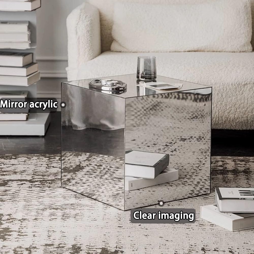 Modern End Table, Mirrored Acrylic Side Table, Cube Coffee Table, Product Photography Props, Simple Bedside Table, Small Accent Table for Living Room, Bedroom(Silver,30cm-11.8in)