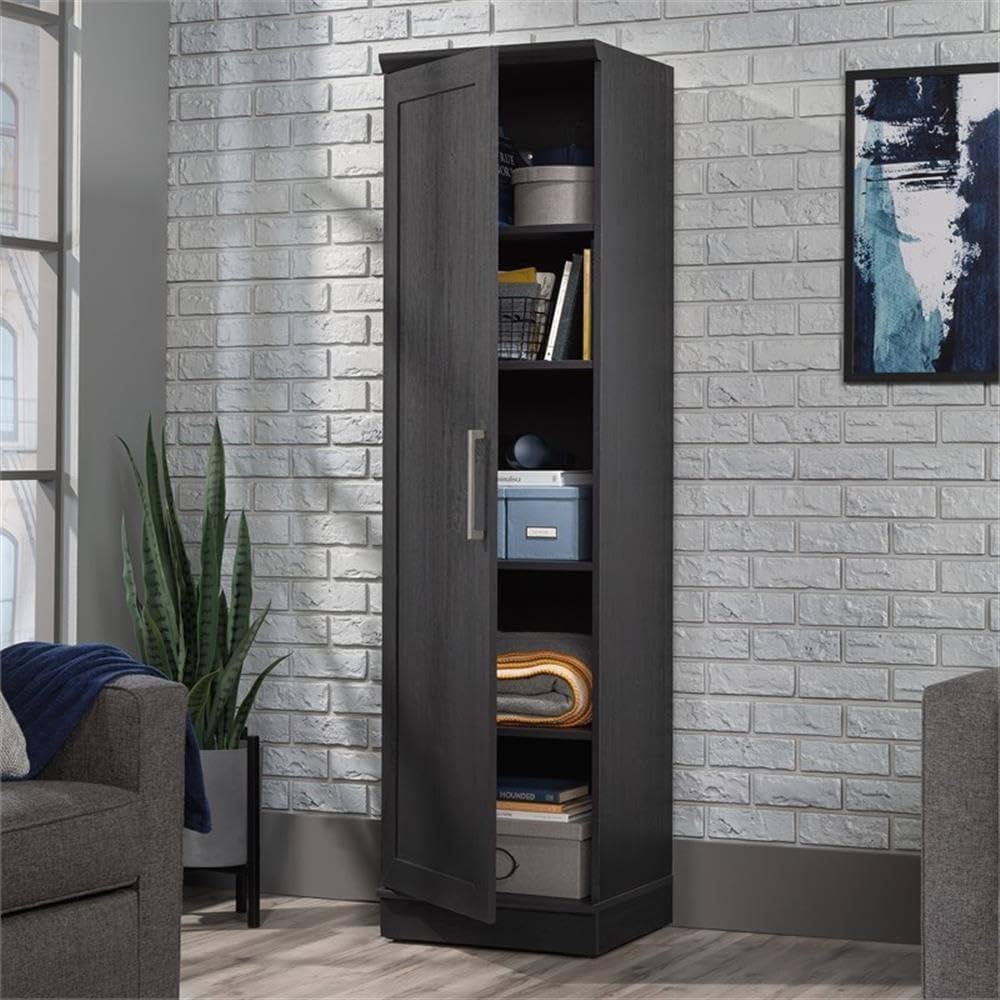Pemberly Row Engineered Wood Single Door Pantry, 70.945 in H x 18.819 in W x 17.087 in D, Raven Oak Finish, Adjustable Shelves and Reversible Door, Kitchen or Dining Room Storage Cabinet