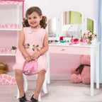 Costzon Kids Vanity, Girls Vanity Set with Tri-Folding Mirror, Stool, Storage Drawer, Princess Toddler Makeup Vanity Desk Dressing Table, Wooden Kids Vanity Table and Chair Set (White)