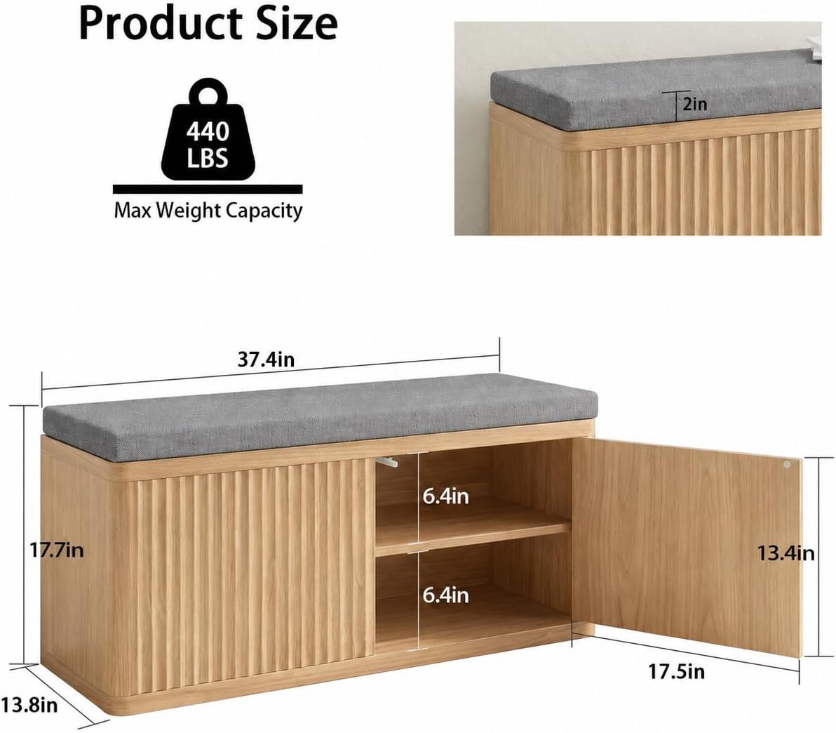 Entryway Shoe Storage Bench with 2" Cushion, 37.4" Small Bench with Shoe Rack, Cabinet Organizer for Hallway，Bedroom End of Bed (Light Oak)