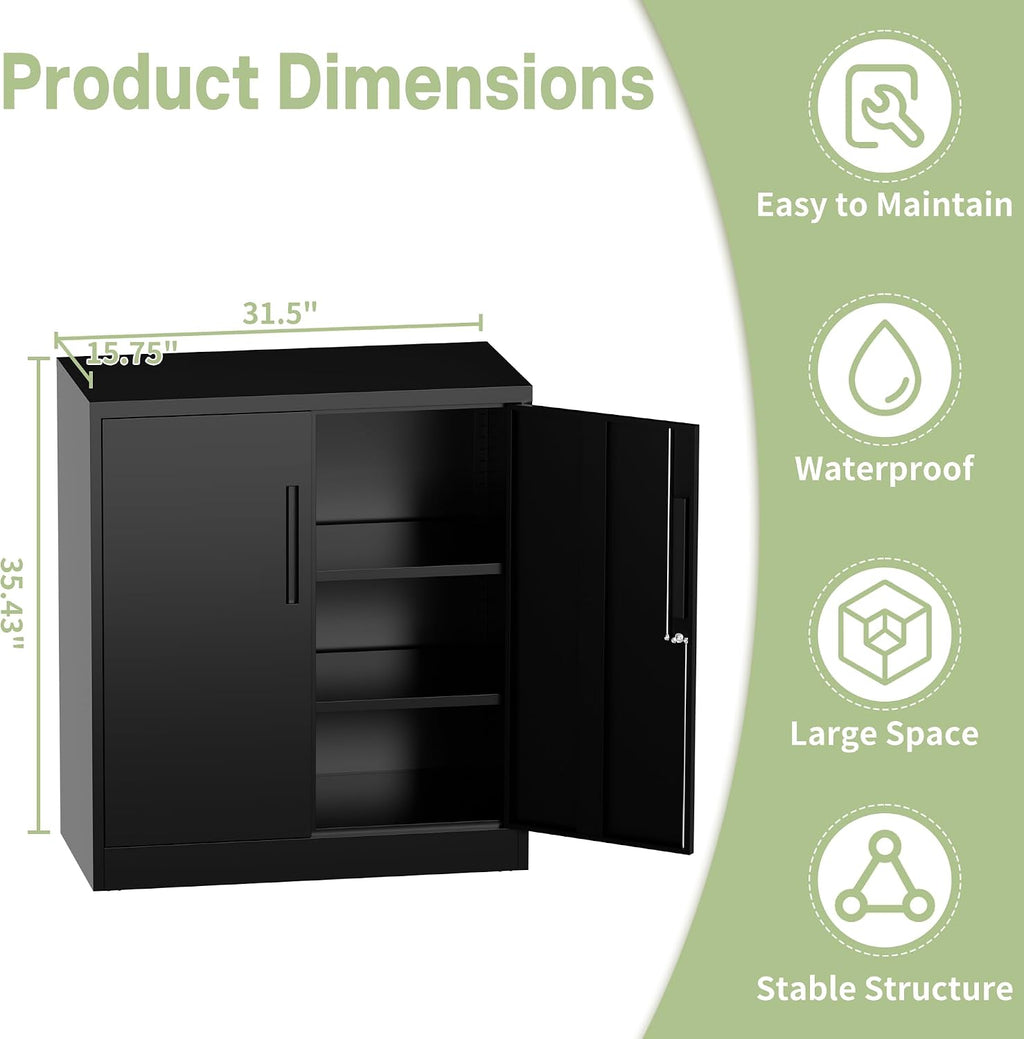 Metal Storage Cabinet, 35" H Garage Storage Cabinet with Doors and Adjustable Shelves, Small Locking Tool Cabinet Utility Cabinets for Home Office, Garage, Warehouse, School (Black)