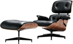 Mid Century Chaise Lounge Chair with Ottoman, Modern Retro Classic Design, PU Leather & Walnut Wood, Heavy Duty Metal Support, Comfortable for Living Room Bedroom Office（Black-Standard）