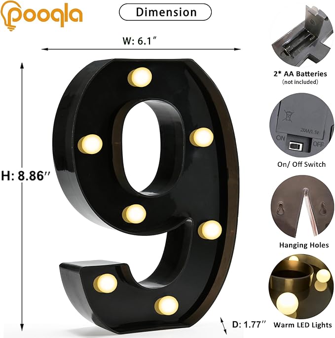 Pooqla Light Up Numbers, LED Black Number Lights for 9th Birthday Party Decor, Battery Powered Lighted Marquee Number Sign for Party Decor, Lights for Wall Home Anniversary, Decoration 9