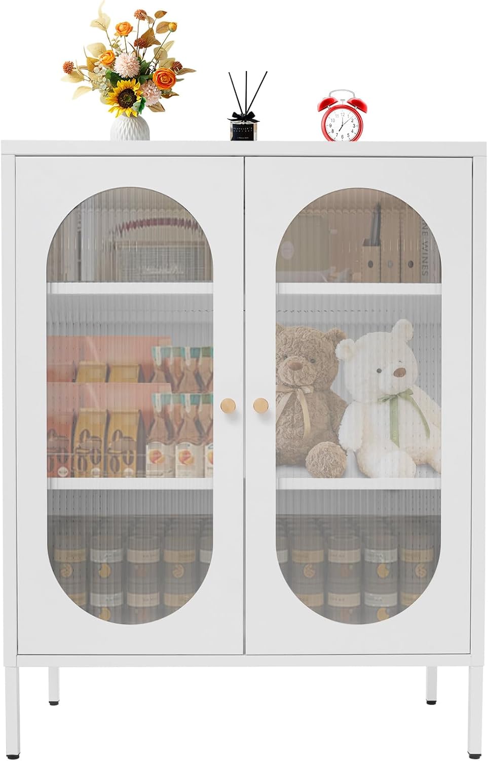 Accent Cabinet with Glass Doors – 3 Tier Storage, Modern Coffee Bar Station Pantry Cupboard Accent Cabinet for Kitchen Living Room Bedroom Bathroom, 31.5"x15.8"x40"(Creamy White)