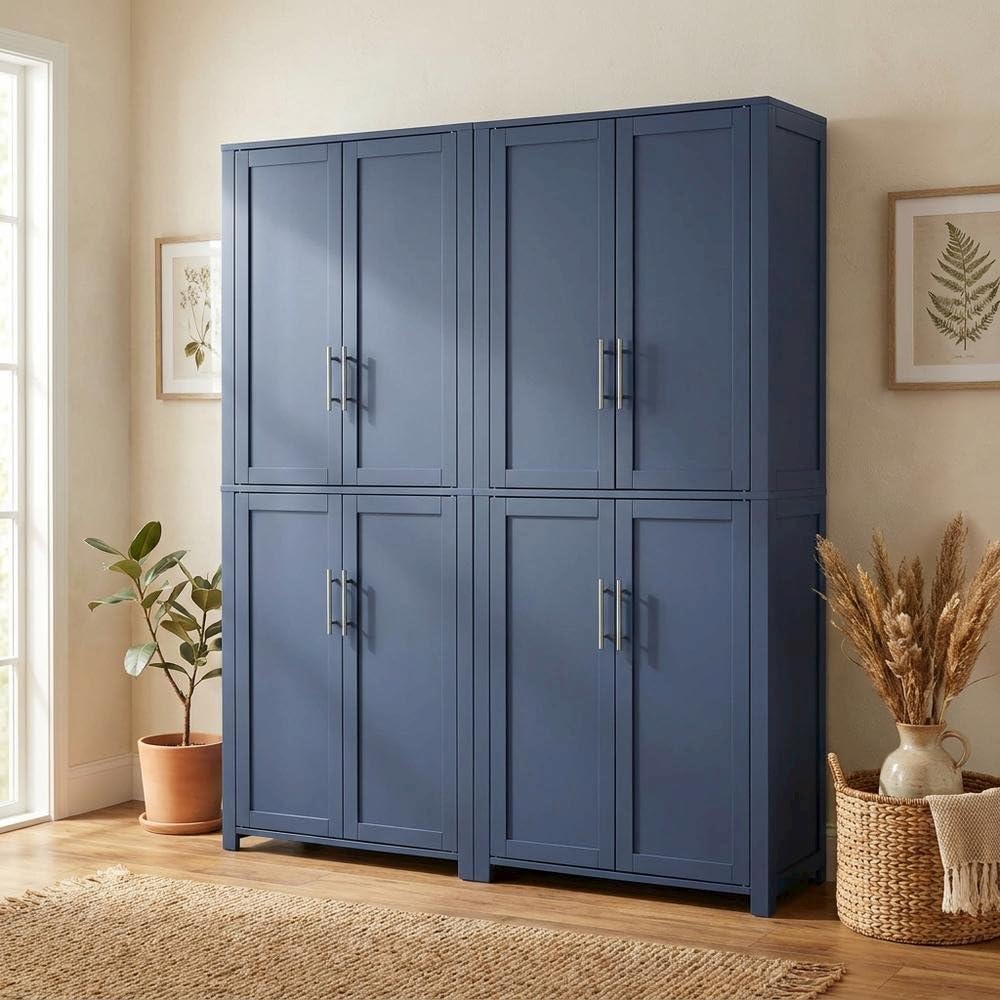 Furnifact Blue Pantry Cabinets Two-Piece Storage Set with Anti-Tip Mechanism and Floor Clearance, Durable Construction, Ideal for Organized Kitchen Storage