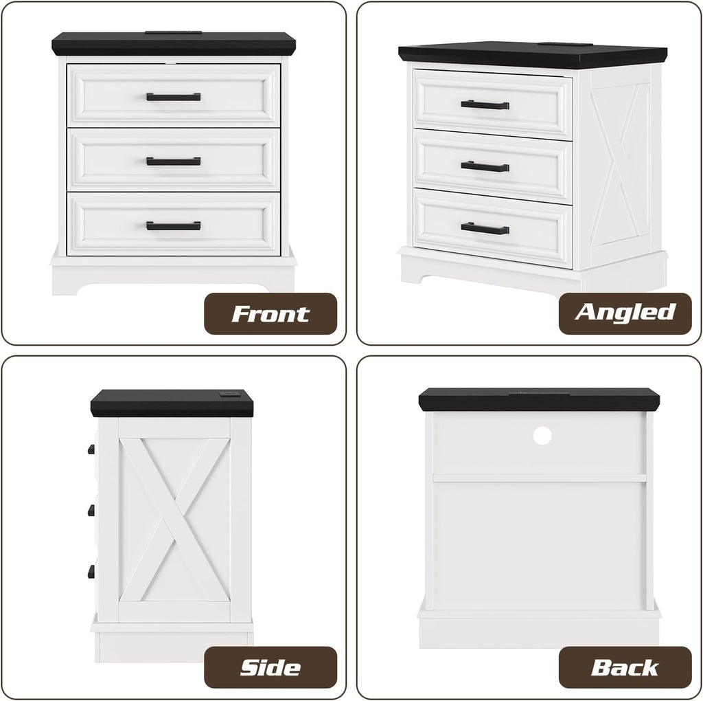 knoworld 24 Inch Wide Farmhouse Nightstands Set of 2 with Charging Station, White Nightstand with 3 Large Drawers, Rustic Wood End Table for Bedroom