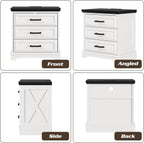 knoworld 24 Inch Wide Farmhouse Nightstands Set of 2 with Charging Station, White Nightstand with 3 Large Drawers, Rustic Wood End Table for Bedroom