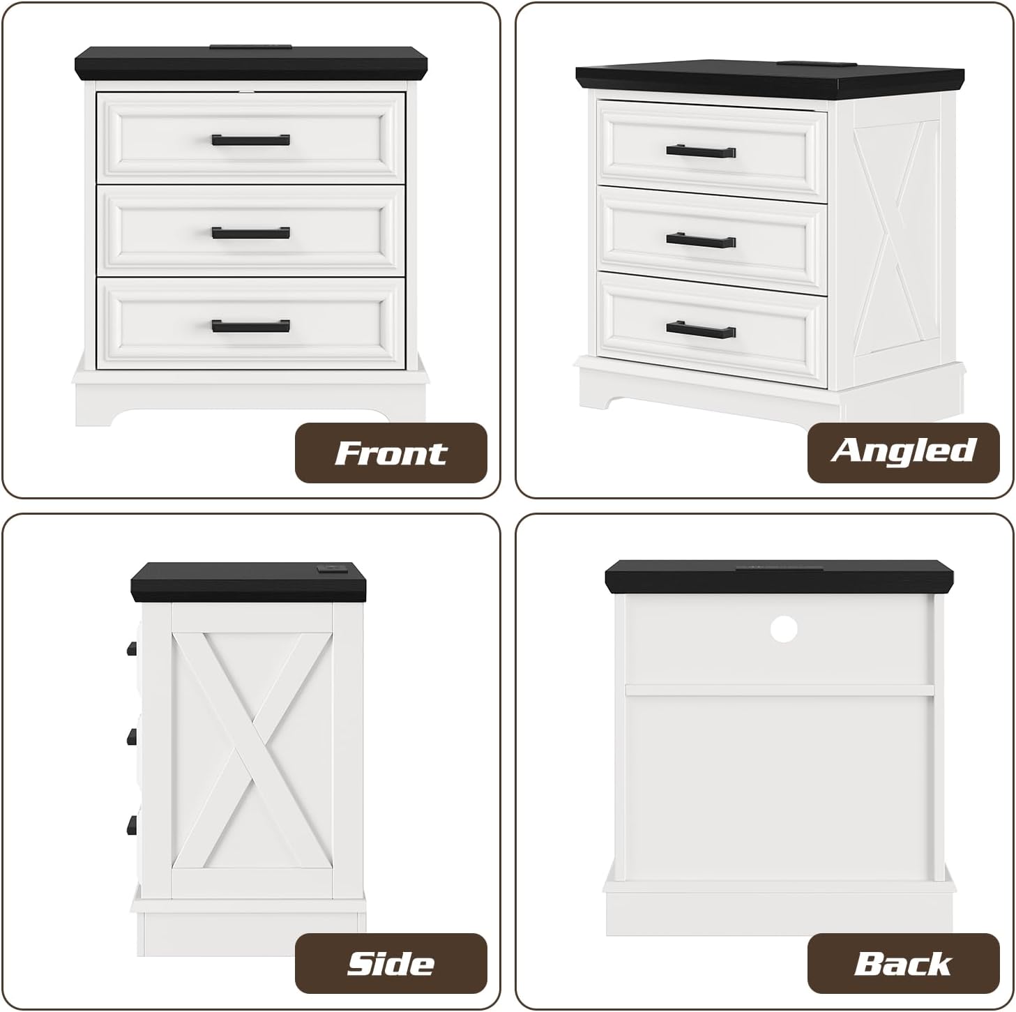 knoworld 24 Inch Wide Farmhouse Nightstands Set of 2 with Charging Station, White Nightstand with 3 Large Drawers, Rustic Wood End Table for Bedroom