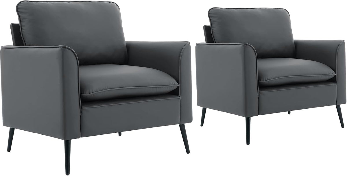YISHENG Mid-Century Modern Living Room Accent Chairs Set of 2 - Oversized Faux Leather Armchairs with Removable Cushions & Metal Legs, Comfortable Sofas for Office/Lounge/Bedroom/Reception,Gray
