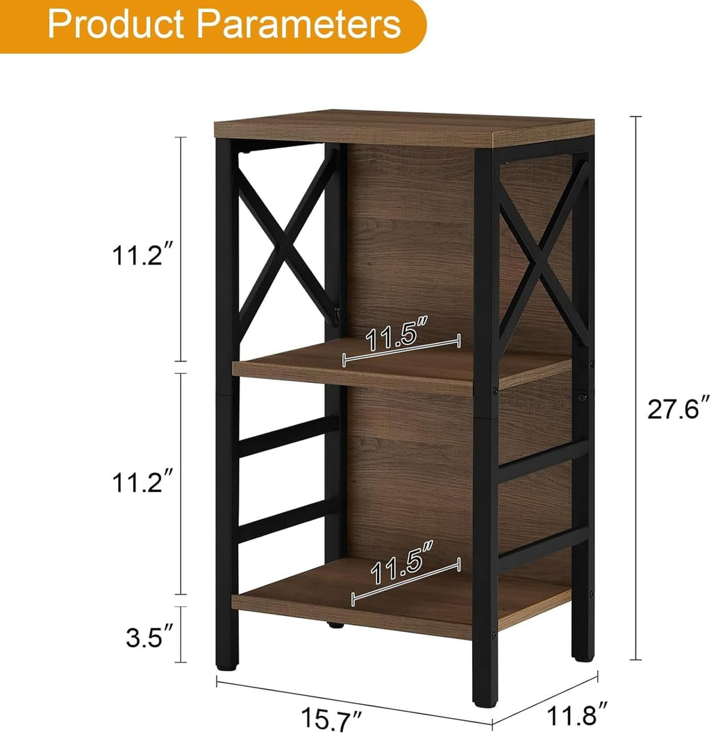 MNEETRUNG Small Bookshelf, 3 Tier Industrial Shelf with Metal Frame and Backboard, Low Rustic Brown Book Shelf, Small Bookcase for Small Spaces,Bookshelf for Living Room, Bedroom & Home Office
